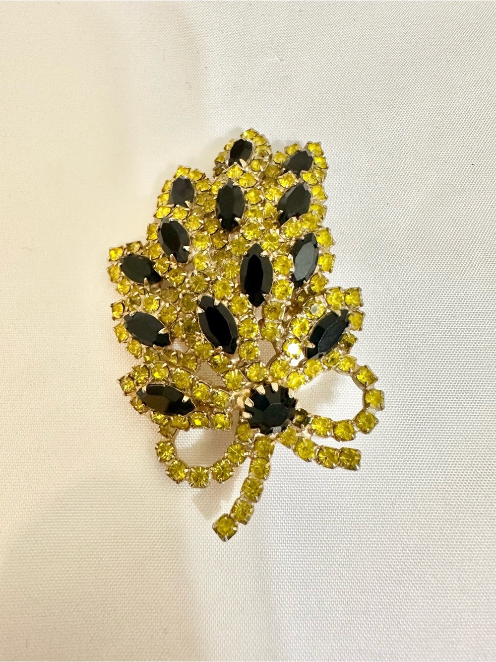 Vintage Yellow and Black Crystal Leaf Brooch